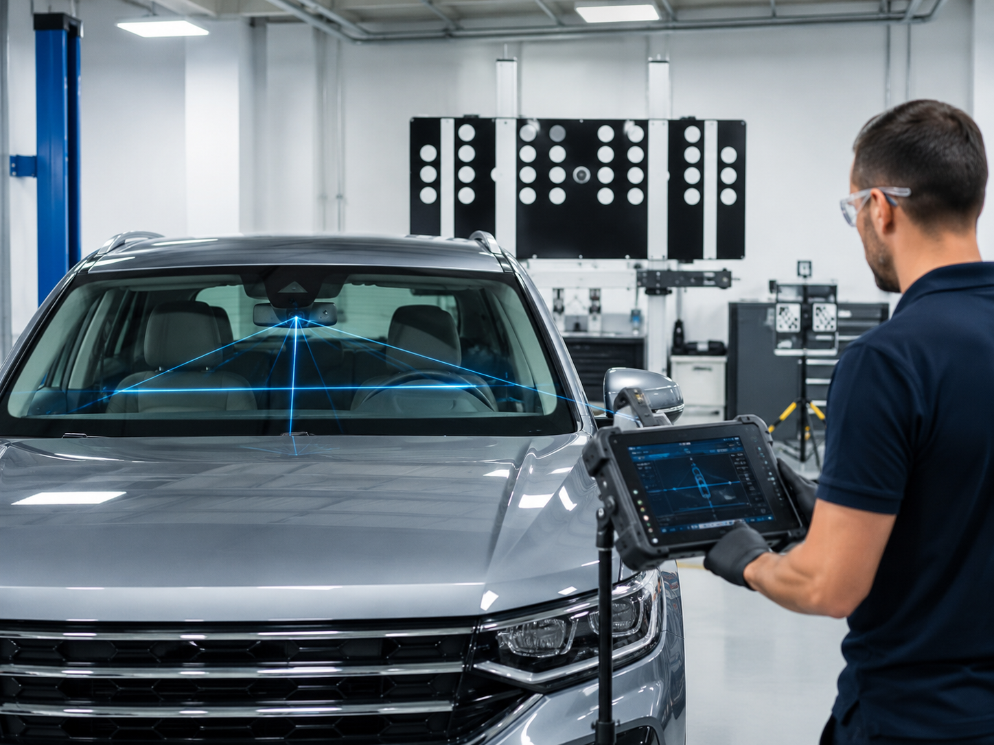 Professional auto glass technician working around a vehicle windshield